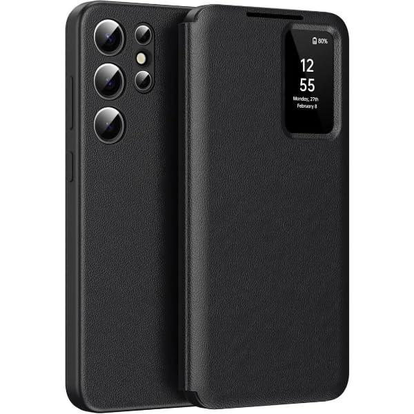 Image of Smart View Wallet Case for Samsung Galaxy S25 Ultra - Premium PU Leather Flip Cover with Mini Display Window, Internal Card Slot. (Black, Samsung Galaxy S24 Ultra)