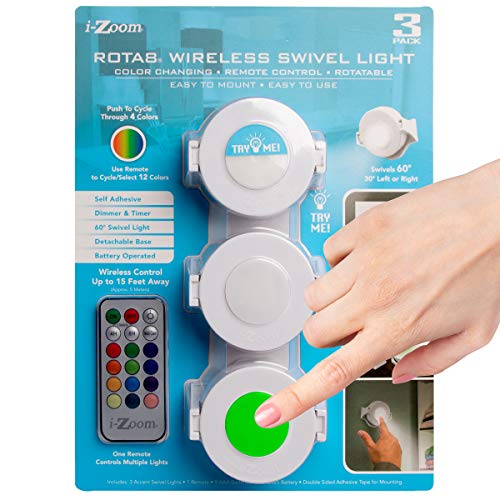 i-Zoom (3 Pack) Color Changing Dimmable Wireless Swivel Puck Lights with Remote and Timer for Closet for Bedroom Room Decor Night Light Battery Operated Tap Push Lights