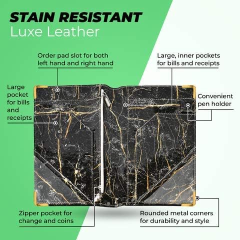 Server Book by Server Plus - Server Books for Waitress with Zipper Money Pocket and Pen Holder. Anti Stain Server Books with Metal Corners that Holds Order Pads and Fits Apron. Black Marble