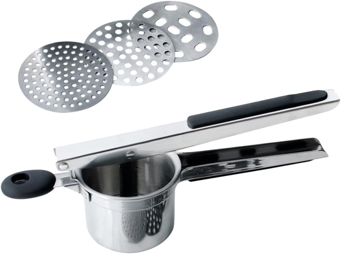 Silicone Handle Potato Ricer and Fruit Masher Kitchen Tool Food Pressing Tool for Vegetables Yams and Squash Non-slip Stainless Steel Food Strainer