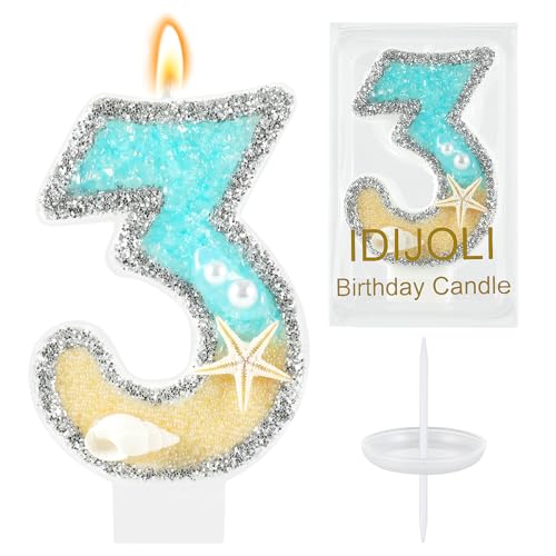 IDIJOLI Beach Birthday Candle Starfish Number 3 Candles 3rd Cake Candle Blue Birthday Cake Topper Cupcake Decorations Party Decor Anniversary Celebrations Supplies Favors
