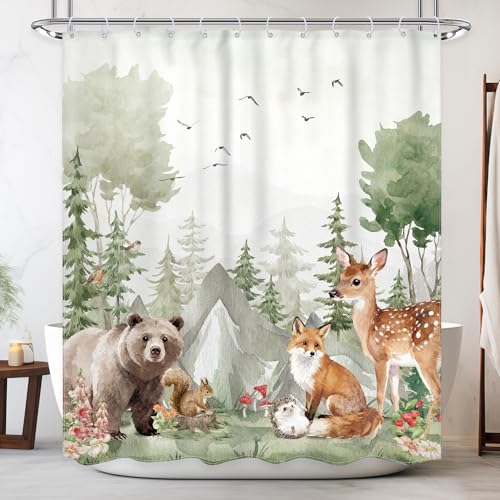 Newsely Rustic Nursery Woodland Animals Shower Curtain for Kids 60Wx72H