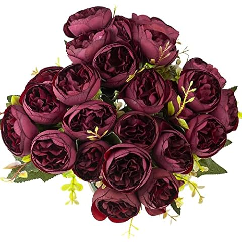 haqiu line HAQIULINE 4 Packs Fake Peony Bouquet Silk Peony Flowers - Real Touch Fake Flowers Single Stem with 6 Heads Vintage Bouquet for Wedding Home Garden Decoration (Wine Red) Cover