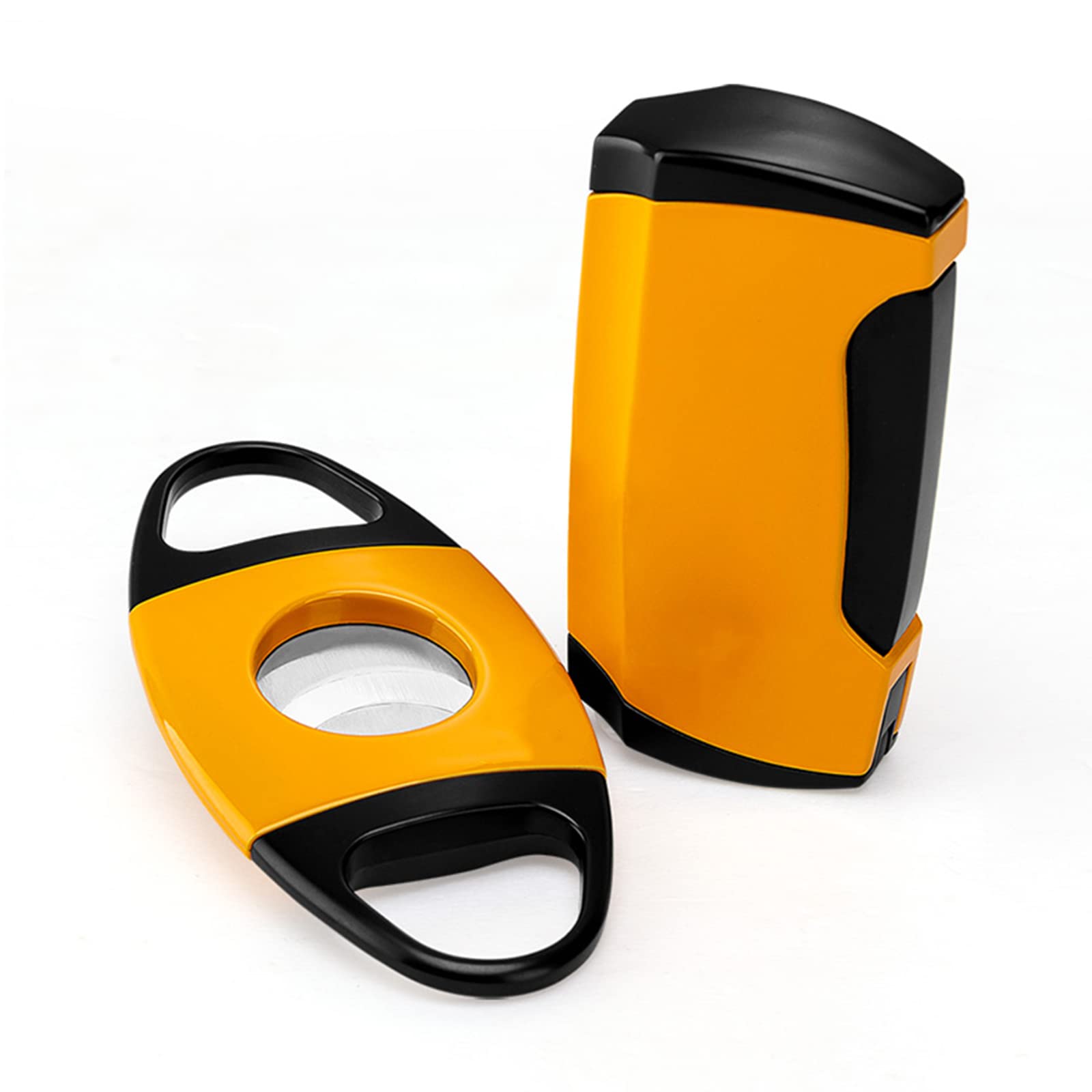 Ensemble Coupe-Cigare et Briquet Portable Double Jet Flame Butane Briquet Rechargeable Coupe-Vent Briquet Cadeaux pour Hommes (Vendu sans Gaz)