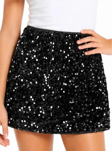 Ecolala Girls Sequin Skirt Cute Summer Glitter Sparkly Elastic Waist Metallic Skirts Black 13-14 Years