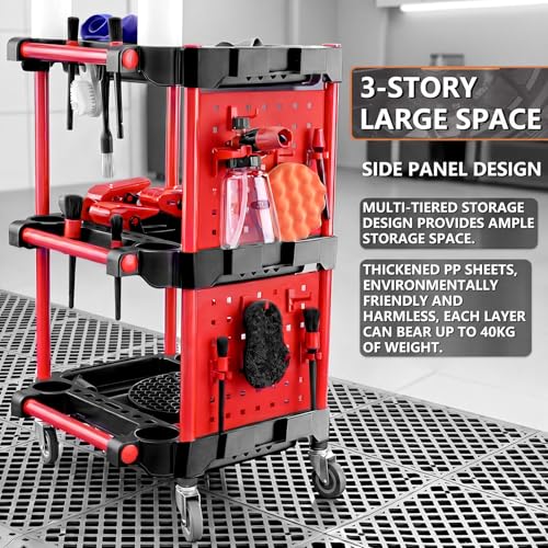 Image of Auto Detailing Cart with Wheels, 3 Tier Rolling Detail Cart with Long Hanging Plate & Hooks & Brush & Towel and Gloves, for Detailers Garage, Workshop, Repair Shop, Storage Tool
