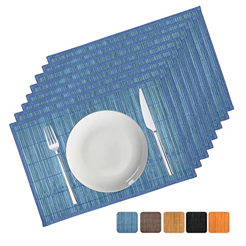ANDSTAR Bamboo Placemats Set of 8 Non-Slip Waterproof - 12x18 Inch Reusable Table Mats for Kitchen Dining, Eco-Friendly Thick Heat Resistant Dishwasher Safe Home Decor (Blue)