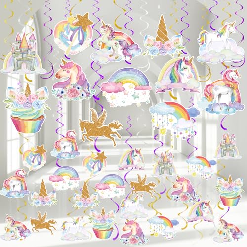 Image of 72 Pcs Unicorn Hanging Swirl Decorations Unicorn Birthday Party Decoration Rainbow Castle Cloud Flower Ceiling Decorations Foil Swirls for Home Office Party Favors Supplies