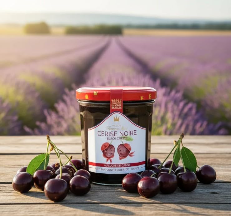 Maison Francis Miot, Set of 2 Luxury French Confiture de Cerise Noire au Sucre de Canne (Morello Black Cherry) Jams, 7.7 oz Each
