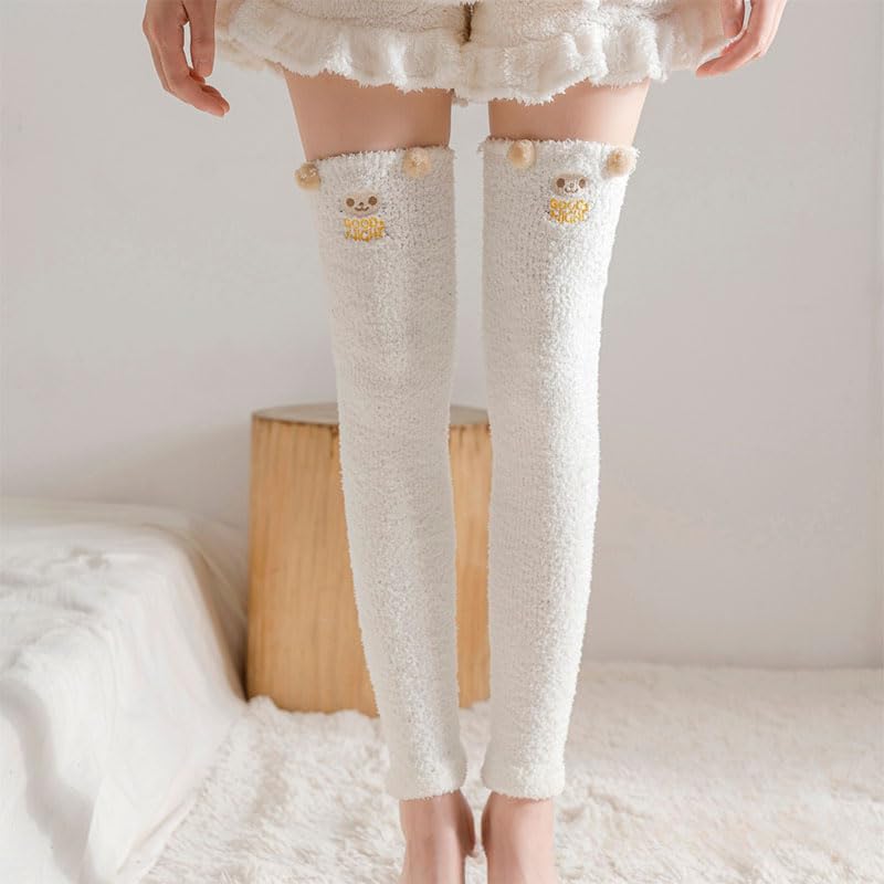 Image of 2Pcs Cute Animal Patterns Thigh High Stockings for Women Warm Stripe Leg Warmers Fuzzy Socks Over Knee High Fuzzy Socks
