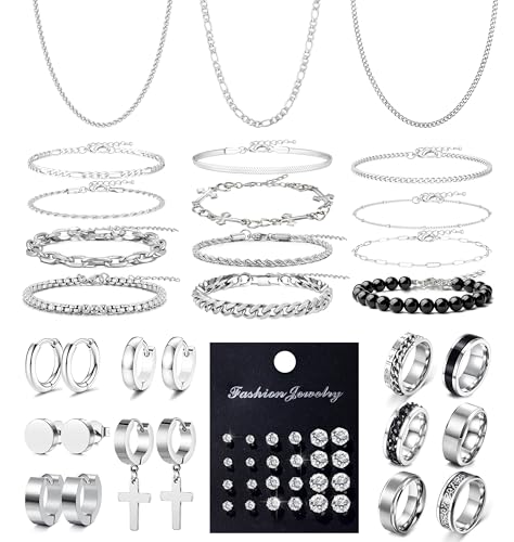 RIOSO Jewelry Set for Men Silver Stainless Steel Cuban Link Necklace Bracelet Rings Hoop Stud Earrings Mens Jewelry Set