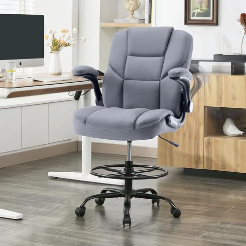 Image of Drafting Chair 500Lbs, Tall Office Chair for Standing Desk, High PU Leather Executive Office Chair with Flip-up Armrests, Ergonomic High Chair with Adjustable Foot Ring, Comfy Stool Chairs, Grey