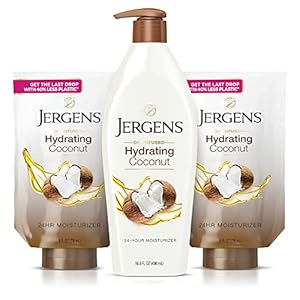 Jergens Coconut Oil-Infused Hand and Body Moisturizer, Soothing Full-Body Moisture, with Hydrating Coconut, Oil-Infused Lotion, 16.8 oz plus 2 – 8 oz Refills, 3 Piece set