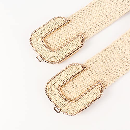 Topacc Elastic Woven Rattan Belt Boho Stretch Beige Wide Straw Belts For Women Dresses Western Cinch #TOP1