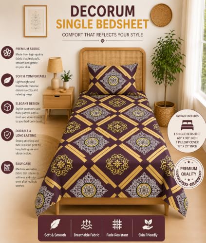 Image of DECORUM Glace Cotton Single Bedsheet with 1 Pillow Cover | Soft, Durable, Lightweight & Skin-Friendly Fabric| Suitable for Single /Diwan Bed Size