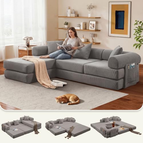 Image of 107 inch Modular Sectional Sofa Bed, L-Shape Corduroy Boneless Couch, Grey