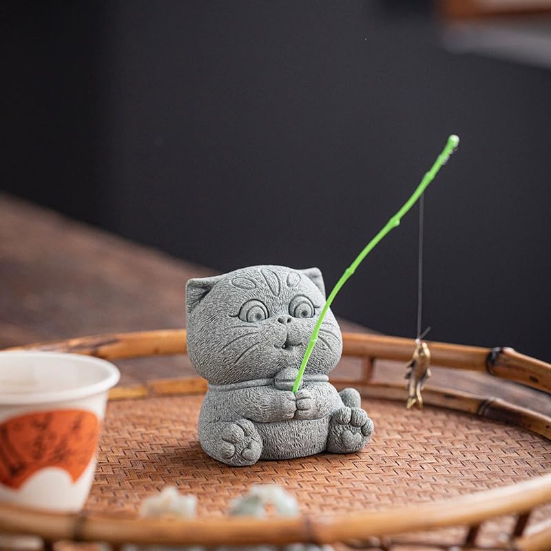 Estatua de gato pescador en piedra arenisca miniatura 4
