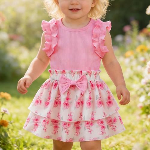 Ensemble d'été pour filles idéal pour les vacances avec jupe imprimée et haut à volants - 3