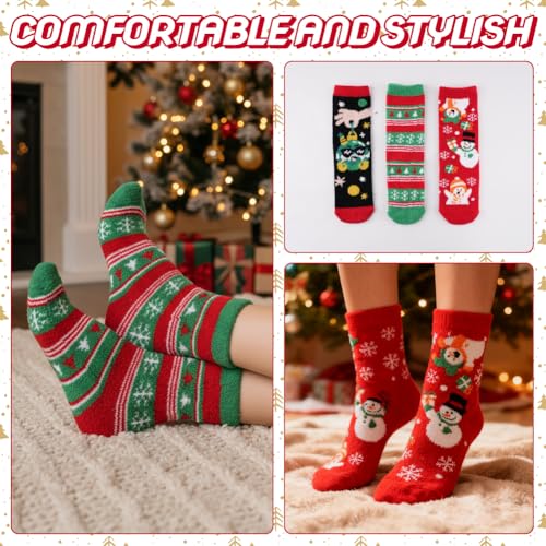 Image of Labeol 5 Pairs Christmas Fuzzy Socks for Women Gifts,Funny Cute Cozy Fluffy Thermal Winter Warm Fuzzy Socks