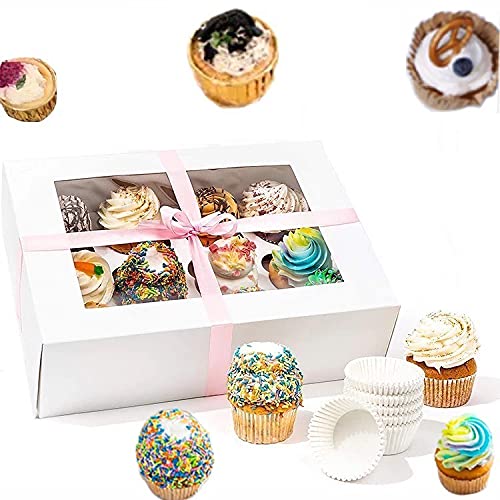 UNIQU 15 confezioni di scatole per cupcake con 12 cavità pop-up automatiche con finestra e inserti, scatole per biscotti in kraft, contenitori per cupcake con adesivi sigillanti