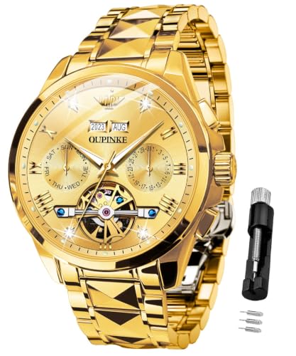 Image of OUPINKE Automatic Watches for Men Skeleton Mechanical Self Winding Luxury Business Dress Wrist Watch Diamond Tungsten Steel Sapphire Crystal Calendar Waterproof Luminous