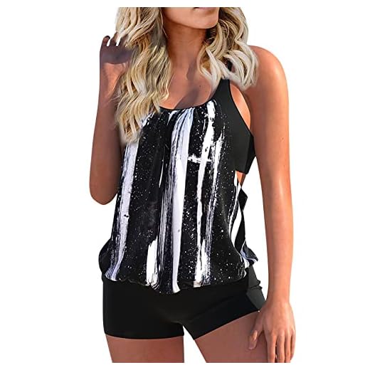 Tankini Maillot De Bain Femme 2 Pieces Grande Taille Tankini Shorty Ronde Amincissant Maillot De Bain Taille Haute Ensemble avec Armature Bikini D'été Pas Cher Marque Swimwear(Noir,L)