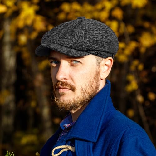 Image of Newsboy Hats for Men Classic 8 Panel Wool Blend Newsboy Flat Cap Herringbone Tweed Hat