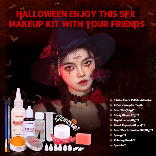 VANERIA Halloween Vampire Make Up Kit SFX Makeup Kit 4 works Vampire Teeth, Scar Wax and Spatula - Image 2
