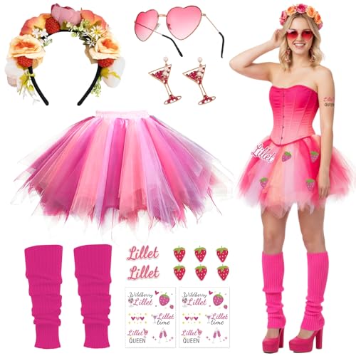YANSYUN Wildberry lillet kostüm Damen Rosa Tüllrock Karneval Kostüm Set Enthält Haarreif Herz Brille Ohrringe Rosa Stulpen Tattoo-Aufkleber Selbstklebend Aufklebers Lillet Cospaly Kostüm für Karneval