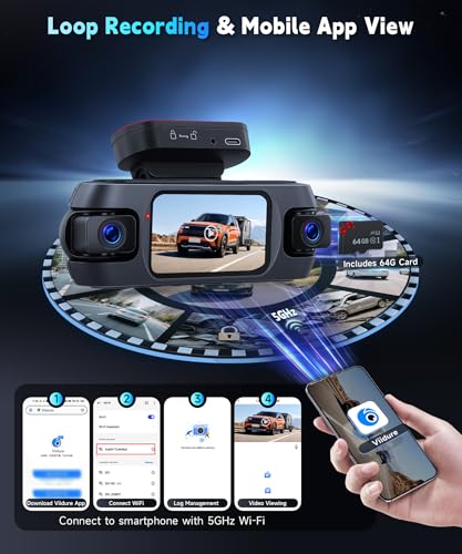 Image of 4K 360Dash Cam Front Rear Left Right Inside with WiFi GPS, 4 Channel 4K Ultra HD Dash Camera for Cars Night Vision, G Sensor, 24 /7 Parking Mode, Loop Recording+64GB TF Card