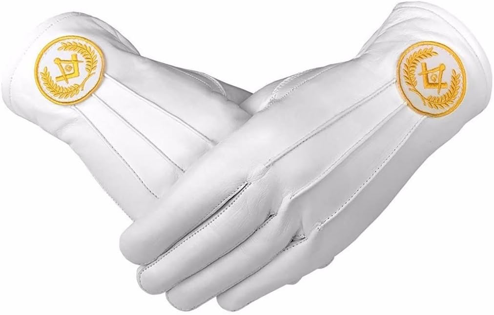 Bricks Masons Masonic Regalia White Soft Leather Gloves Square Compass & G Yellow