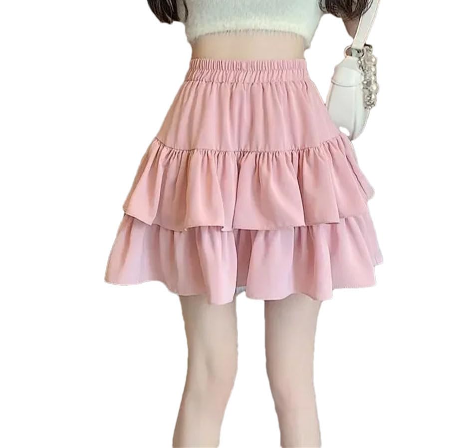 Women's High Waist A-line Skirt Korean Kawaii Cake Style Solid Color Ruffled Spring Skirts All-Match Dress