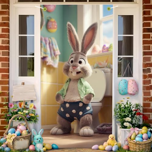 Image of Easter Door Cover Funny Bunny Bathroom Door Banner Happy Easter Door Covers for Front Door Spring Easter Door Decorations 35x71 Inch