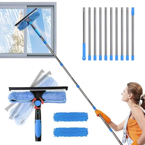 Equipo de limpieza de ventanas de 4,25 m, kit de limpieza de ventanas con mango largo, herramientas de limpieza de vidrio 2 en 1, 10 postes de extensión + escobilla de silicona + arandela de ventana