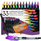 IGNART 33pc Watercolor Brush Pens Set - with Desk Stand - 30 Flexible Nylon Tips Watercolor Brush Ma