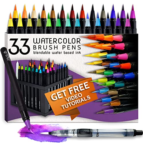Ignart 33Pc Watercolor Brush Pens Set - With Desk Stand - 30 Flexible Nylon Tips Watercolor Brush Markers For Kids, Large Paper Pad, Premium Water Brush, Fine Art Pen, White Pen And Training Videos #TOP23
