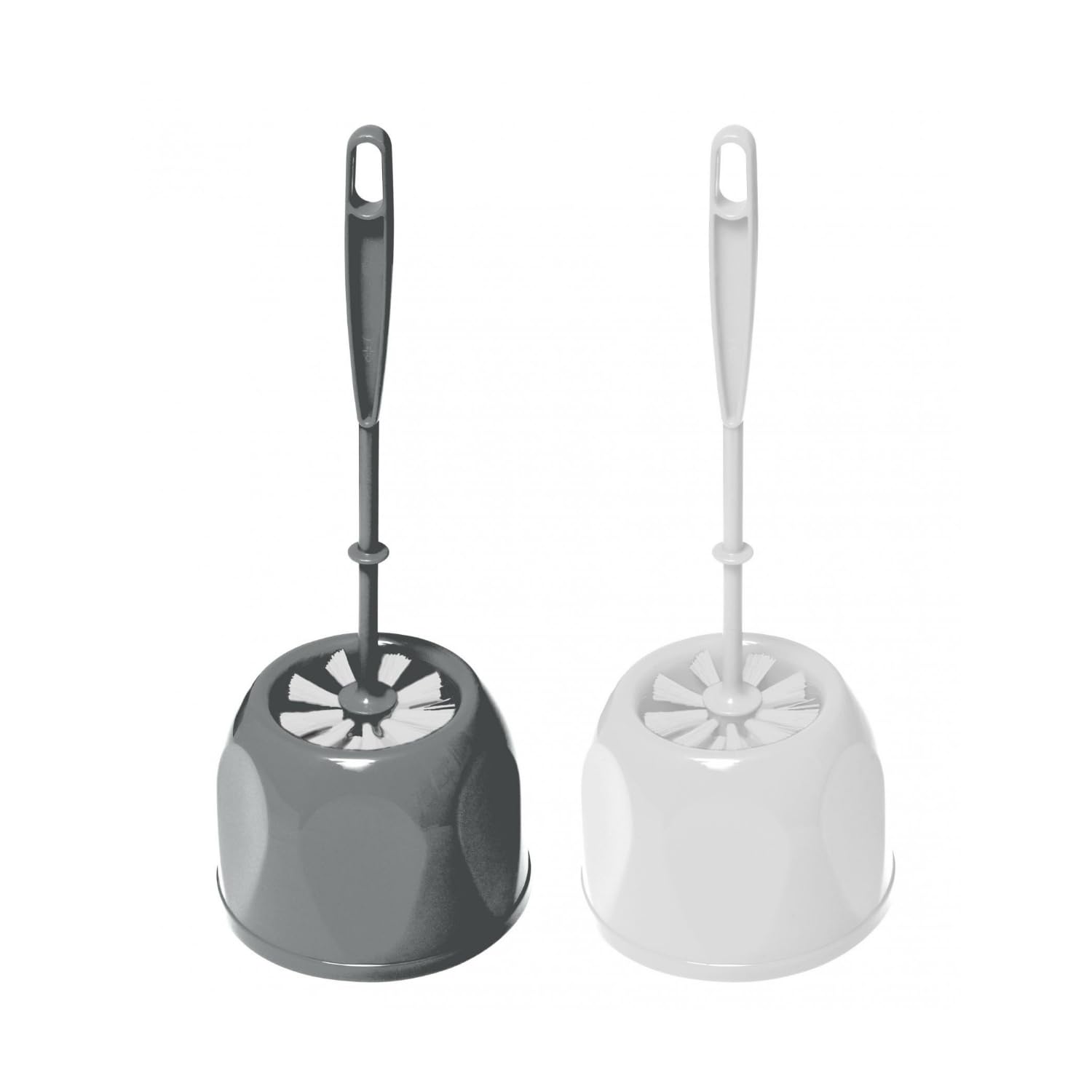 HOMESHOPA 2 Pack Grey/White Round Toilet Brush with Holder, Soft Flexible Bristles, Deep Clean Bathroom Accessory with Durable Plastic Handle, Hygienic Household Essential