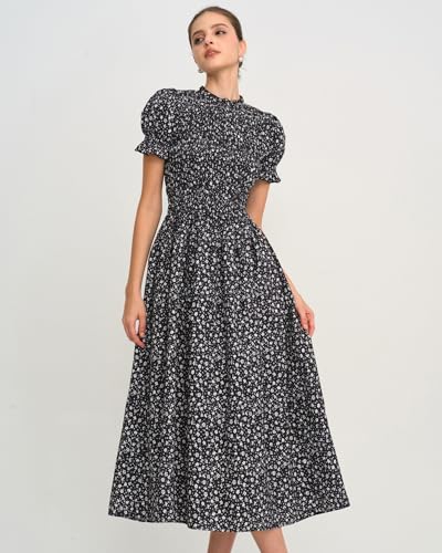 Image of RIHOAS Plaid Gingham Midi Dress Short Sleeve Smocked Dresses for Women | Cotton,Ruffle Puff Sleeves,Vintage Brown,Spring Summer Casual Daily,Picnic,Travel,Vacation,Christmas Festive Occasions