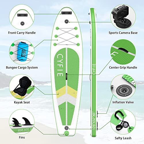 Cyfie Inflatable Stand Up Paddle Board For Adults Youth, 10'6" Extra Wide Sup With Kayak Seat, Padddleboards Accessories, Pump, Paddles, Backpack, Leash, Fins, Repair Kit #TOP6