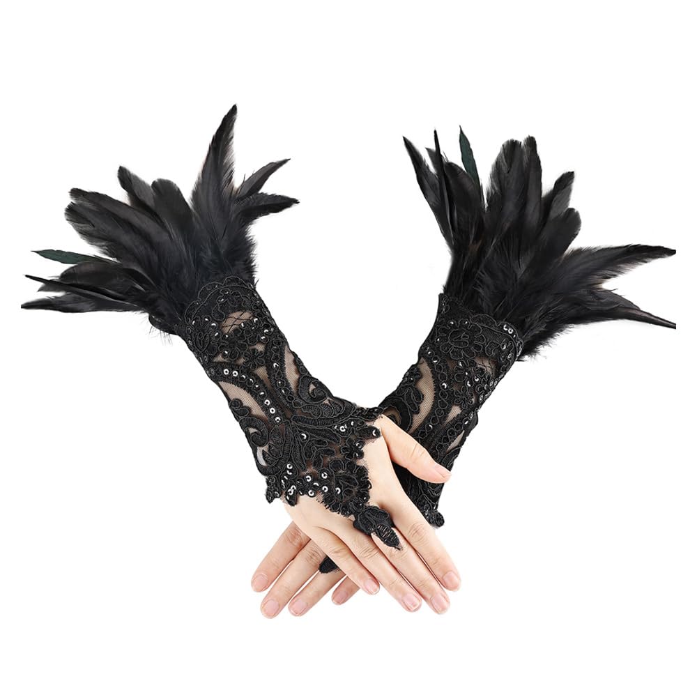 ZSUIQIN 1 Pair Feather Wrist Cuffs,Feather Gloves,Long Lace Fingerless Gloves,Suitable for Bonfire Nights Celebrations