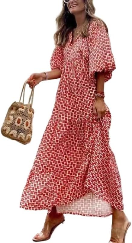 Womens 2024 Casual Boho Maxi Dresses V Neck 3/4 Puff Sleeve Geometric Pattern Smocked Ruffle Beach Long Sundress