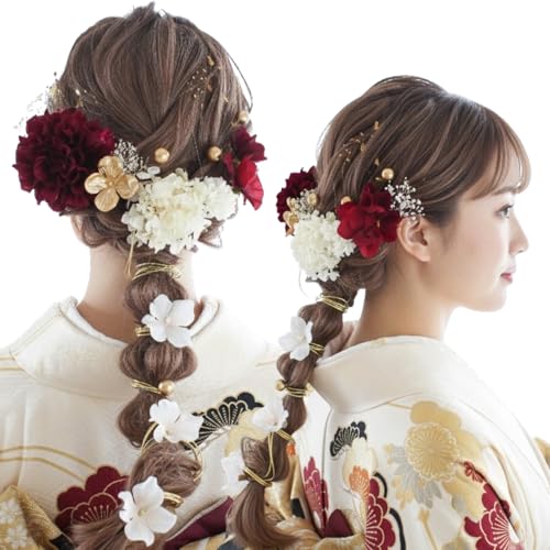 [LALALA beauty flowers] 髪飾り 成人式 振袖 二十歳の集い 前撮り ワインレッド 赤 レッド 卒業式 袴 結婚式 和装 着物 ヘアアクセサリー (ダリアワインレッド) 2501の商品画像（Amazon）