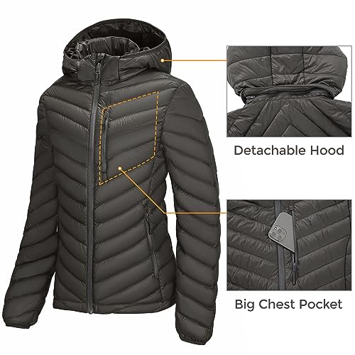 CAMEL CROWN Women's Down Jackets Lightweight Puffer Jackets Packable Quilted Winter Coat Hooded Outerwear With Chest Pocket Grey 3XL2