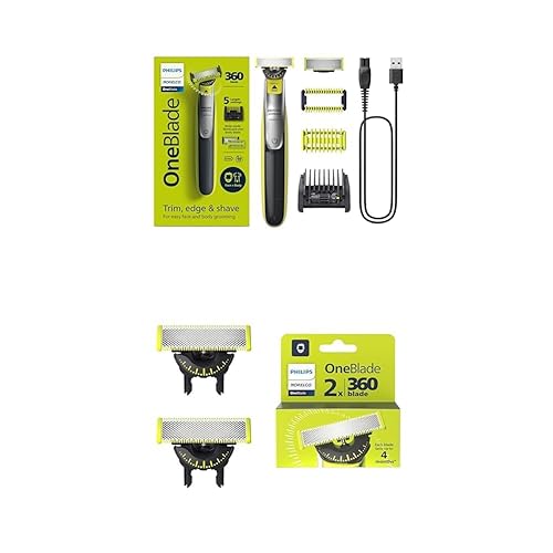 Paquete de recortadora y afeitadora eléctrica híbrida facial y corporal Philips Norelco OneBlade 360, QP283470 + cuchillas de repuesto originales