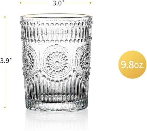 Miniatura 4 de Juego de 4 vasos de vidrio en relieve vintage de 9.8 onzas, diseño de flores, vasos de cristal para cóctel, mojito, jugo, leche, taza de té