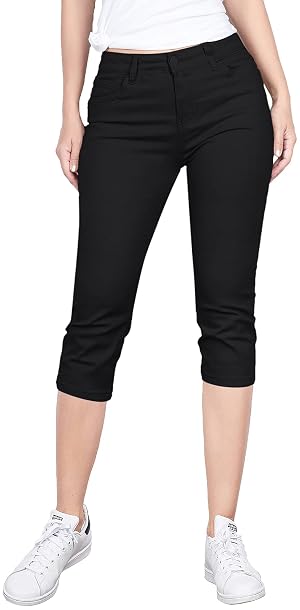 BodiLove Womens Stretchy Soft Skinny Easy Fit Stretchy 5 Pocket Mid-Rise Solid Color Classic Skinny Capri Uniform Pants