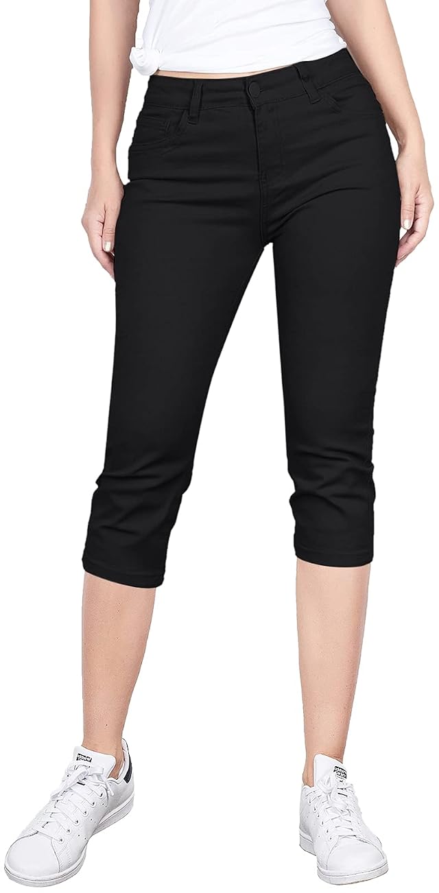 BodiLove Womens Stretchy Soft Skinny Easy Fit Stretchy 5 Pocket Mid-Rise Solid Color Classic Skinny Capri Uniform Pants