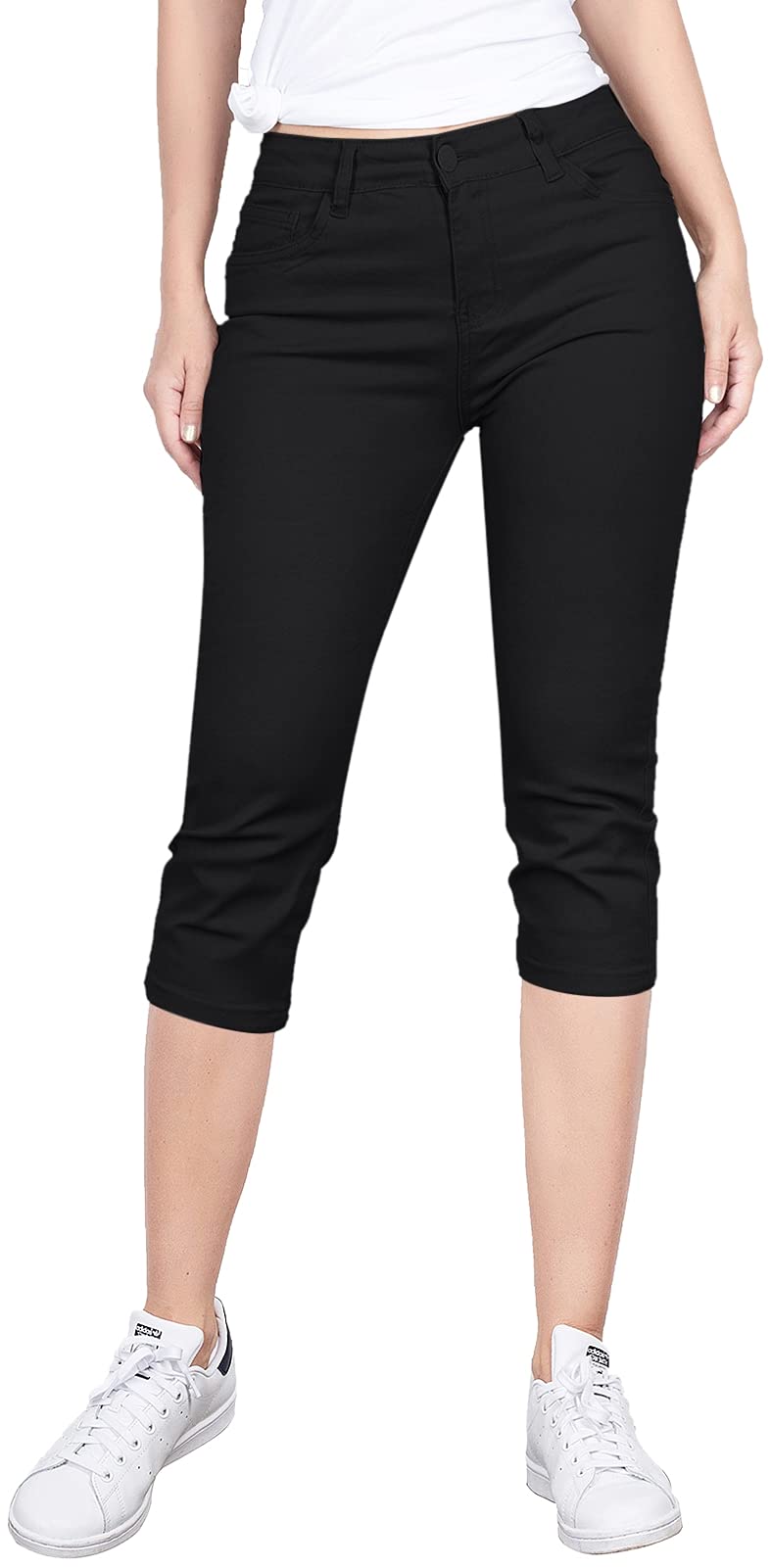 BodiLove Womens Stretchy Soft Skinny Easy Fit Stretchy 5 Pocket Mid-Rise Solid Color Classic Skinny Capri Uniform Pants