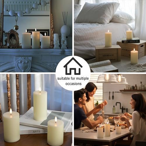 Image of Flickering Flameless Candles, Real Wax Battery Operated Candles with Remote, Flat Top Led Flameless Pillar Candles for Home, Wedding, Party Decor, Set of 3, Φ 3 inch H 4 inch 5 inch 6 inch, Ivory