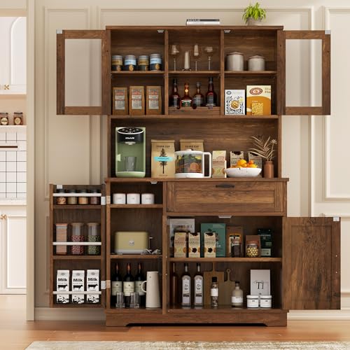 Image of Vongrasig Kitchen Pantry Cabinet, Tall Farmhouse Storage Cabinet, Brown | Freestanding Hutch with Adjustable Shelves and Doors, Large Food Cabinet with Microwave Stand for Kitchen, Dining Room
